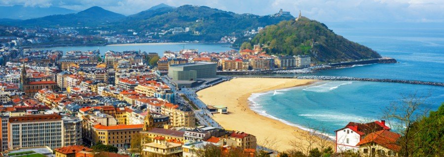 Aerial view of San Sebastián bay with La Concha Beach and surrounding mountains