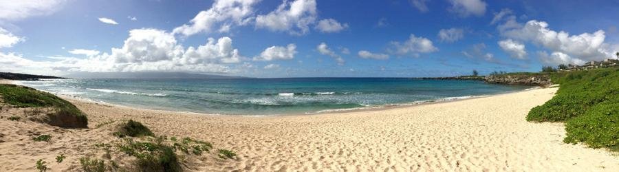 Panoramic view of Oneloa Bay in Maui showing golden sand, turquoise waves, and lush greenery under a bright blue sky.