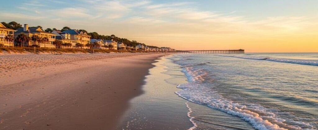 Golden sunrise over the white sand shoreline and Johnnie Mercers Pier at Wrightsville Beach, North Carolina.