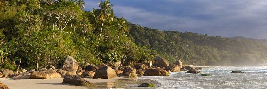 Large smooth boulders resting on a golden sand beach next to a dense green tropical forest and ocean waves.