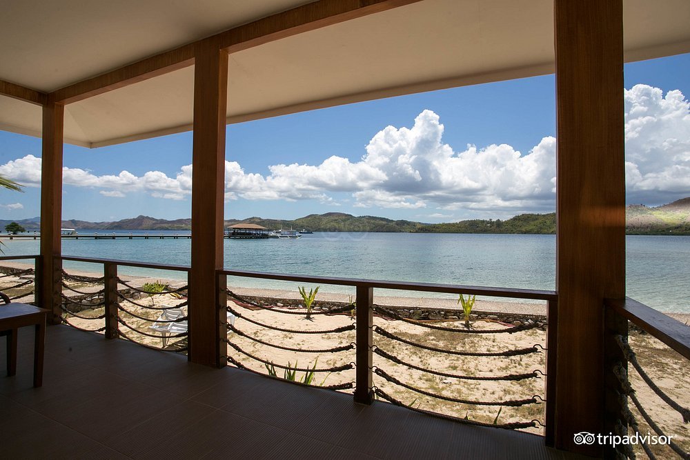 Ocean view terrace at El Rio y Mar Resort overlooking calm water and nearby islands