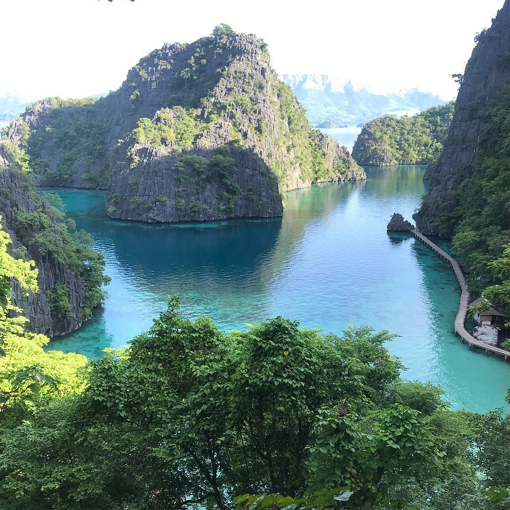 Lagoon view near Paolyn Floating House with turquoise water and limestone cliffs