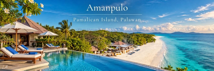 Amanpulo luxury resort overlooking a white-sand beach, turquoise waters, tropical villas, and an infinity pool on Pamalican Island.