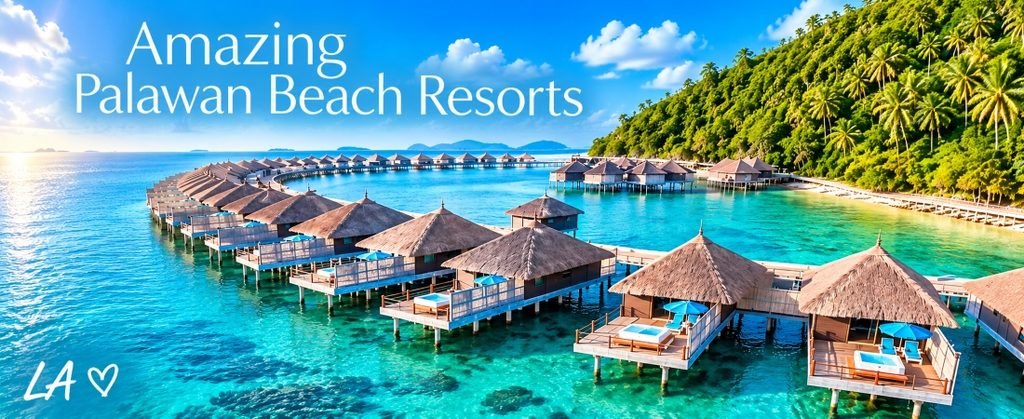Amazing Palawan Beach Resorts featuring luxurious overwater villas above turquoise waters, with a lush tropical hillside and beautiful blue skies.