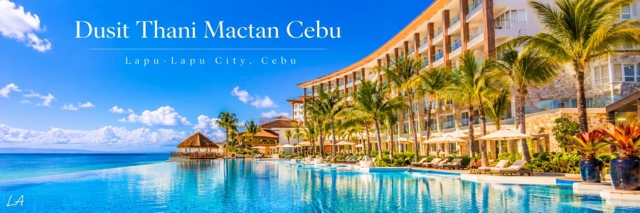 Dusit Thani Mactan Cebu luxury resort with a sunlit infinity pool, tropical palm trees, elegant beachfront accommodations, and blue ocean views.