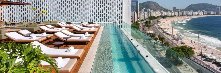 The luxury rooftop pool deck at Emiliano Rio hotel looking down