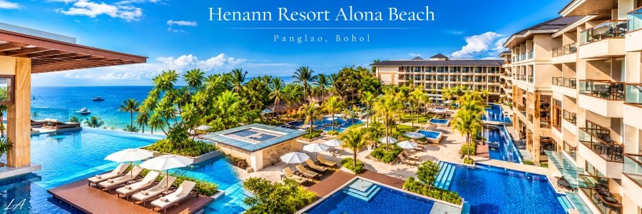 Luxury Philippines Resorts featuring Henann Resort Alona Beach in Panglao, Bohol, with sparkling blue pools, tropical gardens, palm trees, and ocean views.