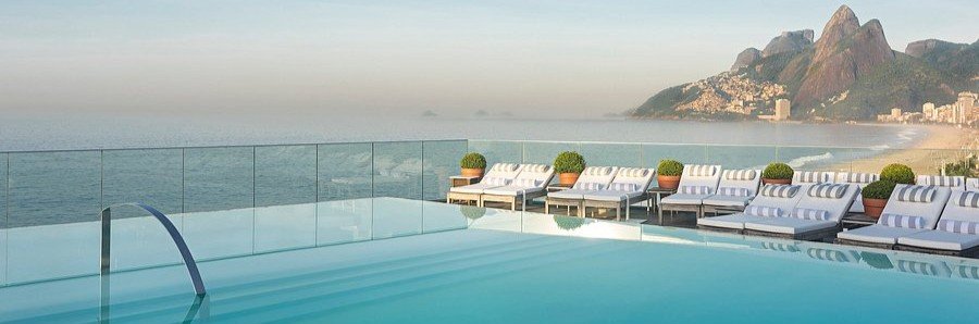 The luxury rooftop infinity pool at Hotel Fasano overlooking Ipanema Beach in Rio de Janeiro