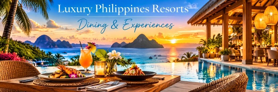 Luxury Philippines Resorts dining experience featuring a romantic oceanfront dinner, fresh seafood, tropical cocktails, and a golden sunset overlooking island scenery.
