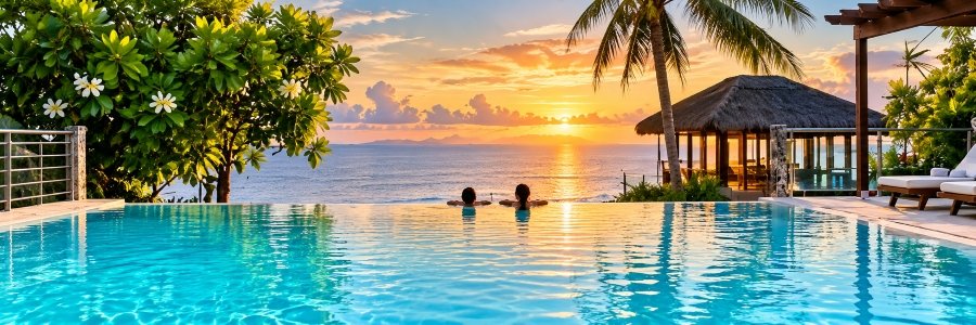 Luxury Philippines resorts banner featuring a turquoise infinity pool overlooking the ocean at sunset, surrounded by tropical greenery and palm trees.