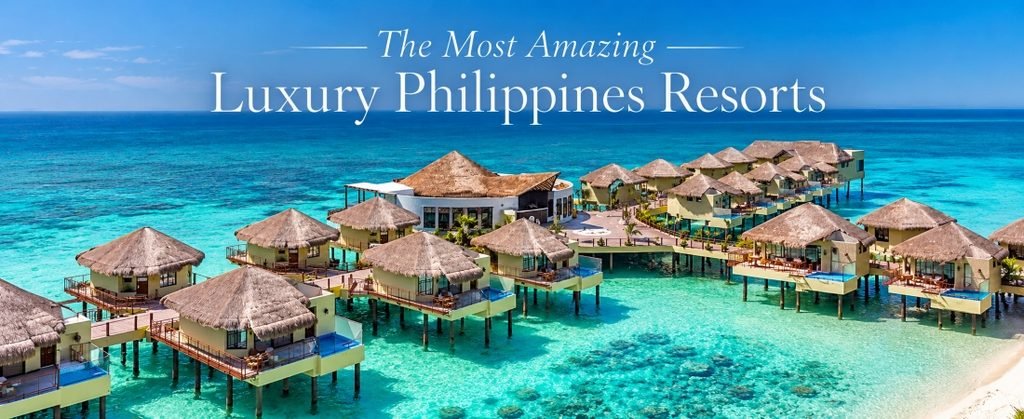 Luxury Philippines resorts hero banner featuring thatched overwater villas above crystal-clear turquoise water, with elegant white title lettering.