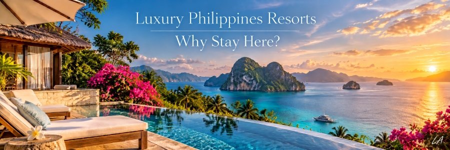 Luxury Philippines resorts overlooking a turquoise bay with an infinity pool, tropical flowers, limestone islands, and a golden sunset.