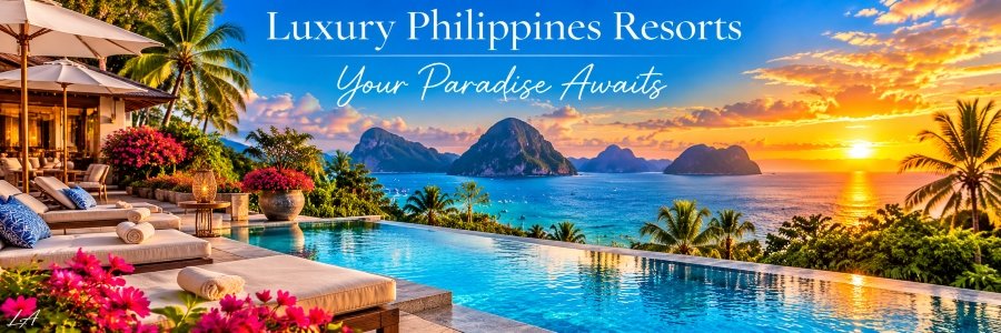 Luxury Philippines Resorts sunset paradise with a sparkling infinity pool, tropical flowers, elegant loungers, turquoise waters, and dramatic island scenery.