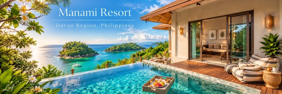 Luxury Philippines resorts villa with a private infinity pool, floating breakfast, tropical flowers, and turquoise bay views at Manami Resort.