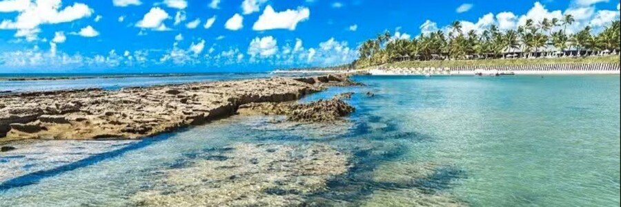 Low tide at Galés de Maragogi natural pools showing exposed coral reef barriers and turquoise ocean water in Alagoas Brazil