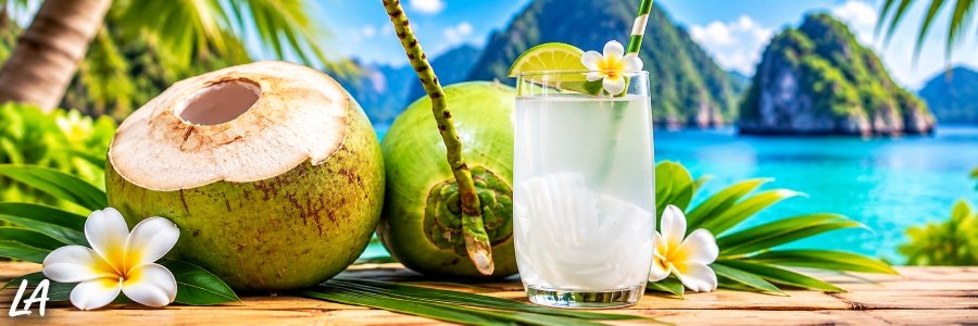 Fresh coconut water, featuring green coconuts, a chilled glass of coconut water, tropical flowers, and turquoise lagoon views.