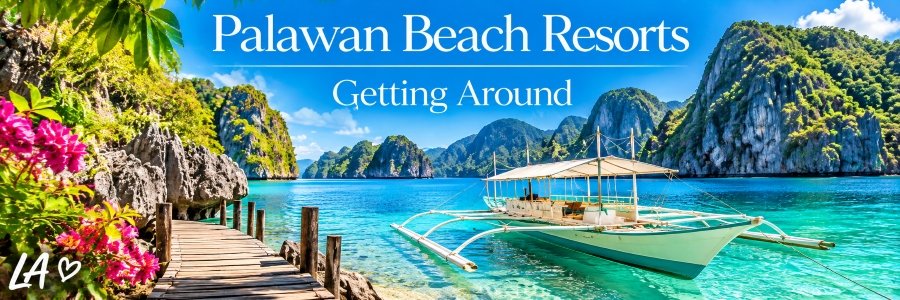 Traditional Filipino outrigger boat floating beside a wooden dock in a turquoise lagoon surrounded by towering limestone cliffs and tropical flowers.