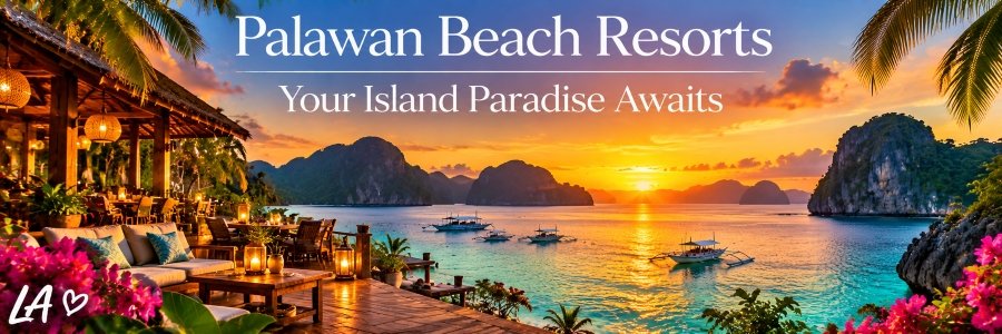 Palawan Beach Resorts at sunset, featuring a luxurious oceanfront terrace, glowing lanterns, turquoise waters, and dramatic limestone islands.