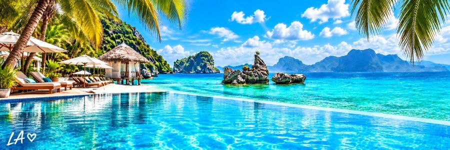 Palawan Beach Resorts featuring a luxurious infinity pool overlooking turquoise ocean waters, tropical palms, and scenic limestone islands.