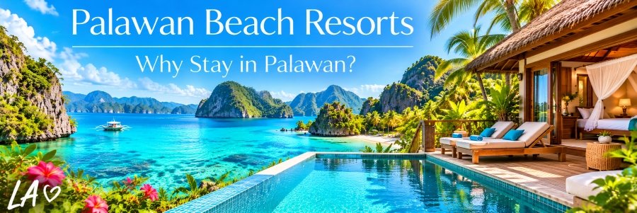 Palawan Beach Resorts featuring a luxury tropical villa, private infinity pool, turquoise lagoon, and lush limestone islands beneath sunny blue skies.
