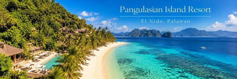 Aerial view of Pangulasian Island Resort with a curved white-sand beach, turquoise waters, tropical palms, and lush green hills in El Nido, Palawan.