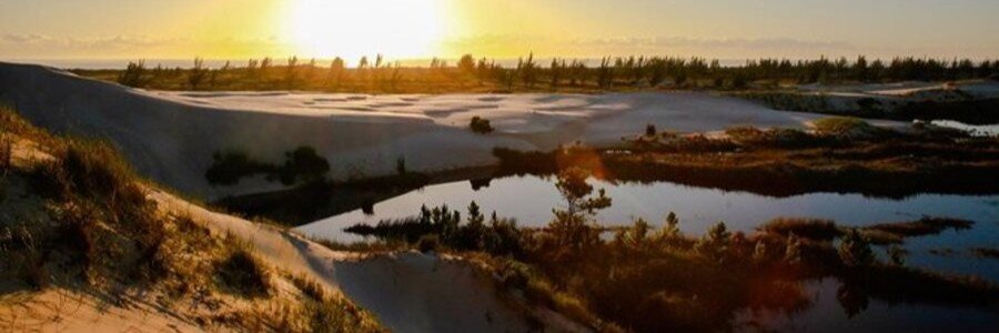 Sunset over the dunes and lagoon landscape near Praia do Rosa in Santa Catarina, Brazil.
