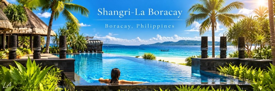 Shangri-La Boracay luxury resort with a sunlit infinity pool, tropical palms, a guest relaxing in the water, and turquoise ocean views.