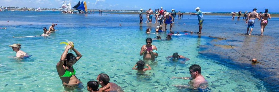 Visitors swimming and snorkeling among tropical fish in the clear natural pools of Porto de Galinhas, Brazil.