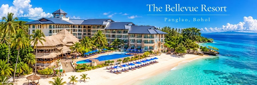 The Bellevue Resort in Panglao, Bohol, with a beachfront swimming pool, tropical palm trees, blue umbrellas, and turquoise ocean waters.