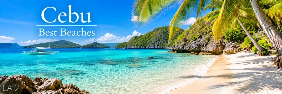Pristine white sand beach with swaying coconut palms, crystal-clear turquoise water, lush tropical islands, and a traditional Filipino outrigger boat.