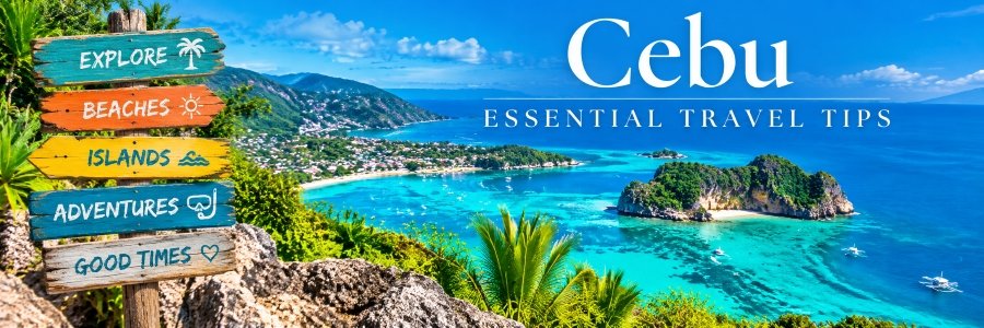 Cebu Philippines Essential Travel Tips banner featuring colorful wooden directional signs overlooking turquoise waters, tropical islands, lush green hills, and traditional outrigger boats.