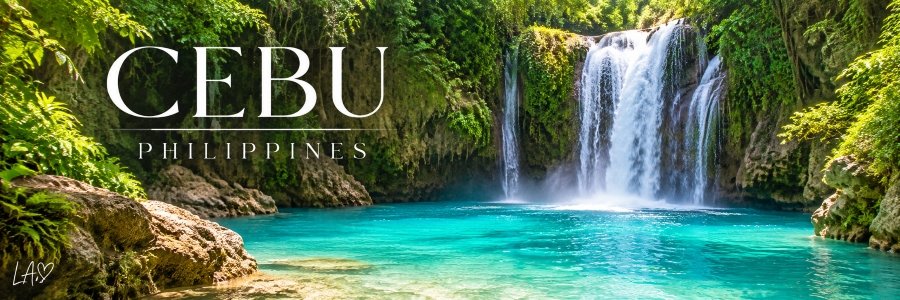 Cebu Philippines tropical waterfall cascading into a turquoise lagoon surrounded by lush green jungle at Kawasan Falls.