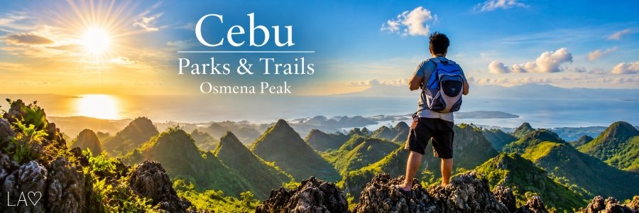 Cebu Philippines Parks & Trails banner featuring a hiker overlooking the dramatic green limestone peaks of Osmeña Peak beneath a golden tropical sunset.