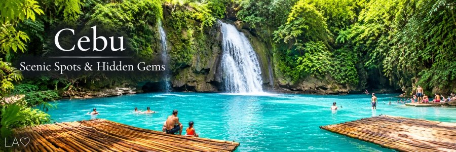 Cebu Philippines Scenic Spots & Hidden Gems banner featuring cascading jungle waterfalls, a turquoise lagoon, bamboo rafts, and lush tropical greenery.