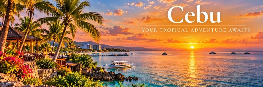 Cebu Philippines tropical sunset overlooking a peaceful coastline with swaying palm trees, traditional outrigger boats, waterfront resorts, and golden reflections across the sea.