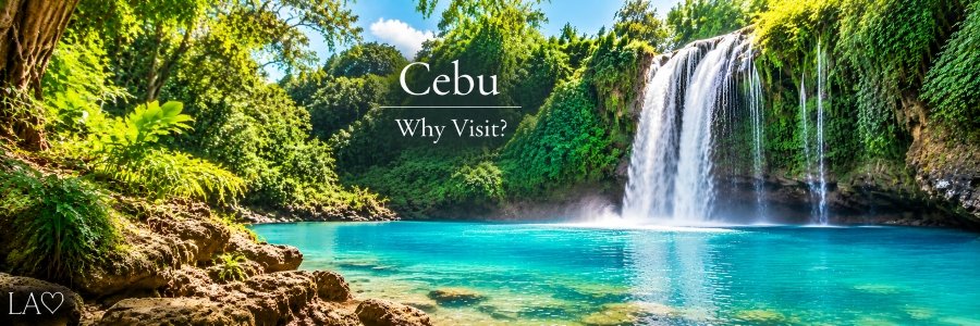 Cebu Philippines Why Visit banner featuring a spectacular jungle waterfall cascading into a turquoise lagoon surrounded by lush tropical greenery.