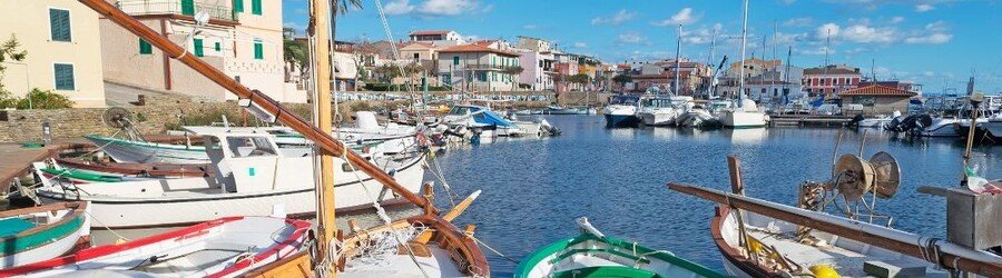 Colorful fishing boats in Stintino harbor with waterfront buildings and calm water