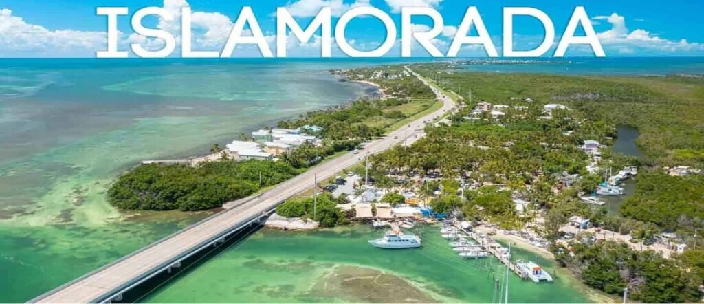 Islamorada Florida aerial view of Overseas Highway with clear water and boats