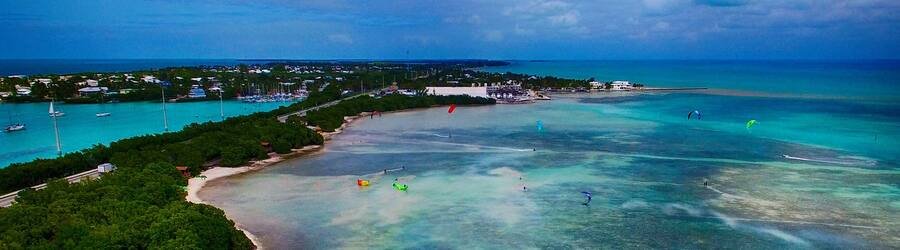 Aerial view of Islamorada Florida showing turquoise water, coastline, and shallow flats