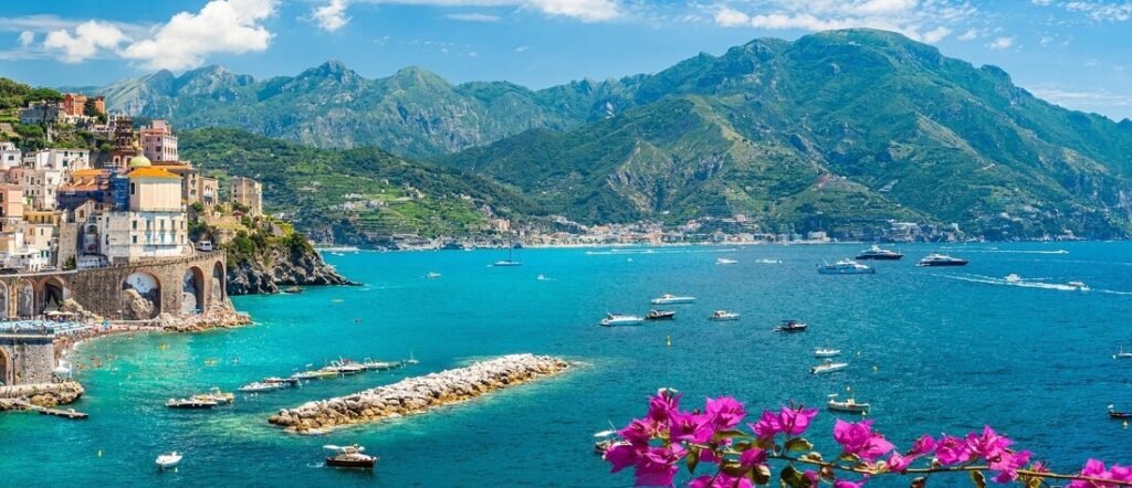 Turquoise sea and dramatic coastline along the Amalfi Coast near Naples Italy