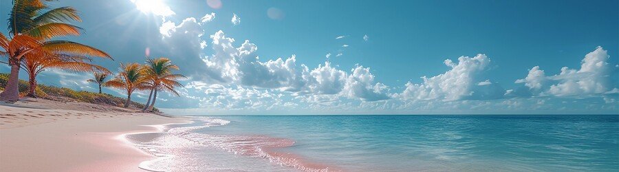 Pink sand beach in the Bahamas with palm trees, clear blue water, and bright tropical skies