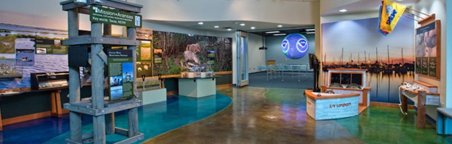 Interior exhibits at the Bay Education Center in Rockport Texas featuring coastal science displays.