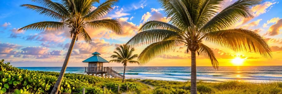 Boca Raton beach at sunset with swaying palm trees, a lifeguard tower, golden skies, and gentle Atlantic Ocean waves.