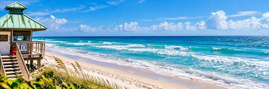 Boca Raton beach with turquoise Atlantic Ocean waves, sandy shoreline, and a lifeguard tower with a green roof.