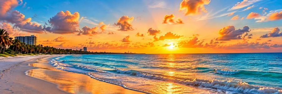 Golden sunset over a tropical beach with turquoise ocean waves, colorful clouds, palm trees, and sunlight reflecting on the shoreline.