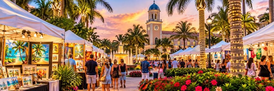 Outdoor art festival with colorful paintings, vendor tents, palm trees, and visitors enjoying a lively evening market.
