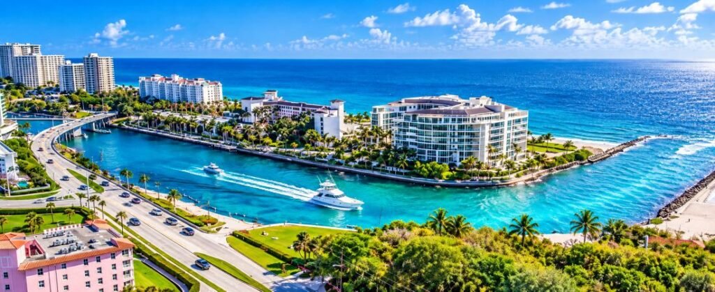 Aerial view of Boca Raton Inlet with turquoise water, waterfront buildings, palm-lined roads, boats, and the Atlantic Ocean.