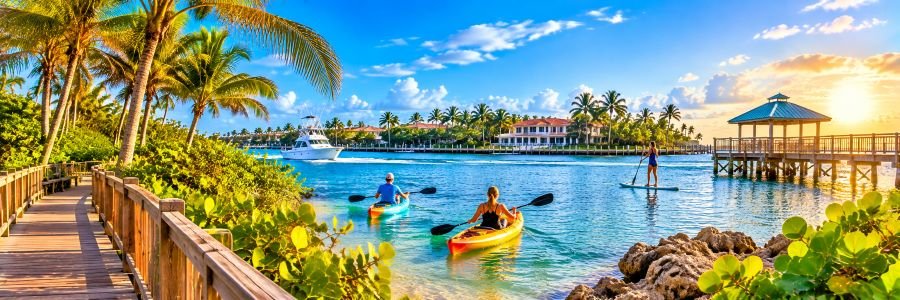 Kayakers and a paddleboarder enjoying a tropical Boca Raton waterway with palm trees, a wooden boardwalk, and waterfront homes.