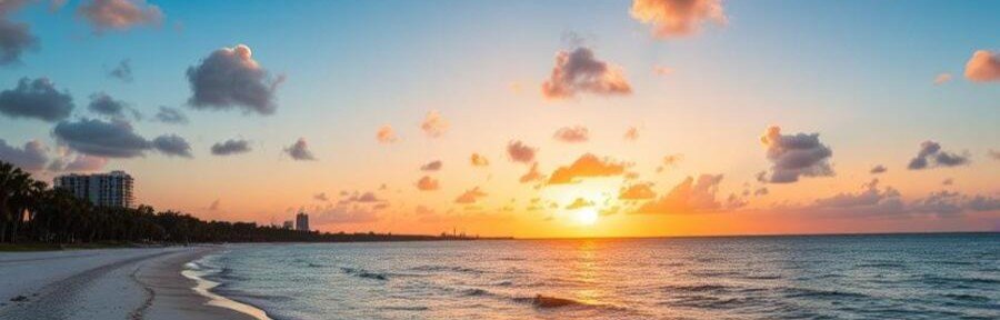Sunset over Boca Raton beach Florida with golden sky, Atlantic Ocean waves, and palm-lined shoreline