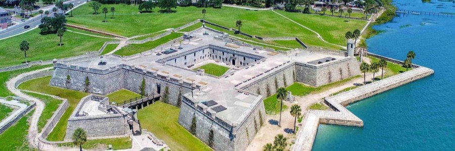 Aerial view of Castillo de San Marcos in St Augustine, Florida, overlooking Matanzas Bay.